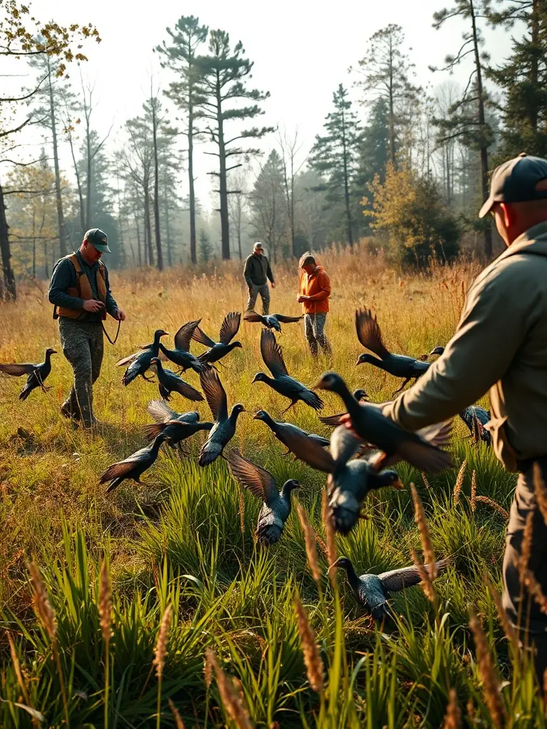A photograph of club members releasing pheasants into a managed habitat, showcasing game restocking efforts.
