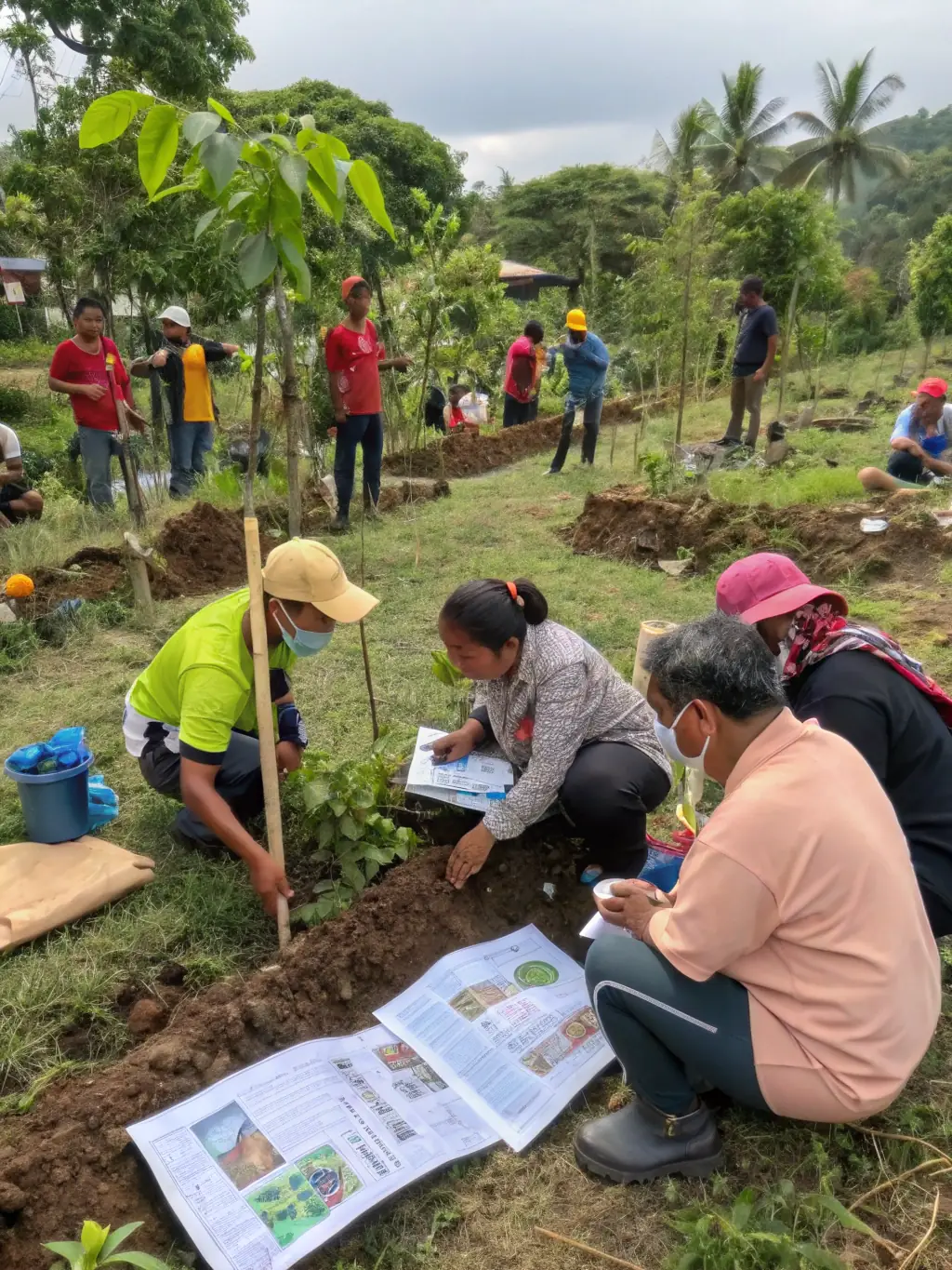 A group of SCS members participating in a habitat restoration project, planting trees and clearing brush in a local forest.