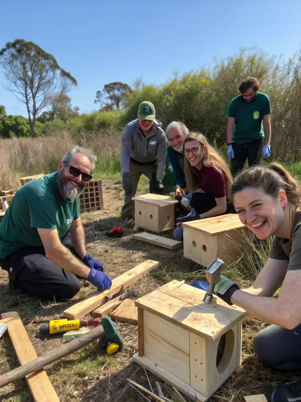 A clear image of club members constructing a protective enclosure around young trees to prevent damage from wildlife, illustrating habitat protection.