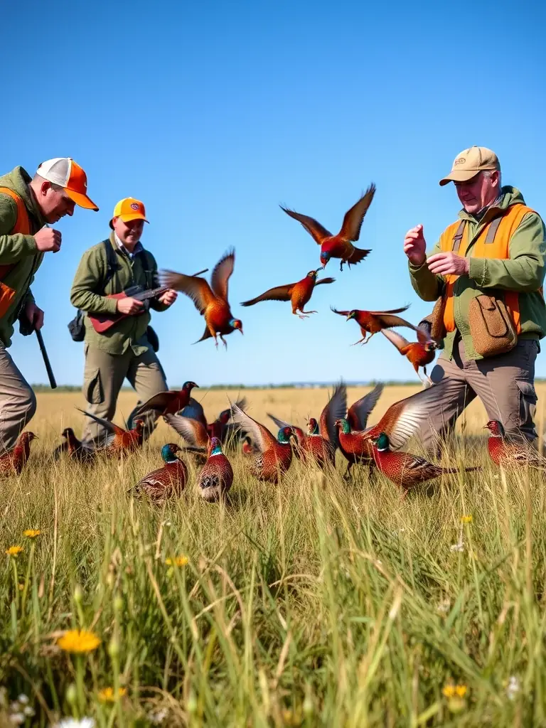 A high-quality photograph showcasing pheasants being released into a managed habitat, emphasizing game restocking efforts by the Société de Chasse de Sains.